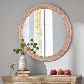 espidoo 27.5 Inch Round Wall Mirror: Farmhouse Style with Distressed Wooden Frame - Metal & Synthetic Wood Decorative Mirror for Bathroom Bedroom & Living Room