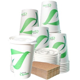 20 oz Compostable Paper Cups with White Flat Lids and Sleeves - Biodegradable Disposable White Paper Coffee Cups PLA Lined - Eco-friendly Hot and Cold Drinking Cups (25)