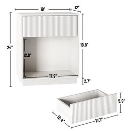 Fluted Nightstands Set of 2, Modern Bedside Table with Drawer and Storage Shelf, Wood End Table Mid Century Night Stands for Bedroom Living Room Sofa Couch Office (White)