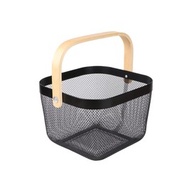 Ymeibe Mesh Steel Storage Organizer Basket Fruit Basket Bin with Wood Handle Ideal for Kitchen Bathroom Picnic Pantry Cabinets Storage Home Decor (Black)