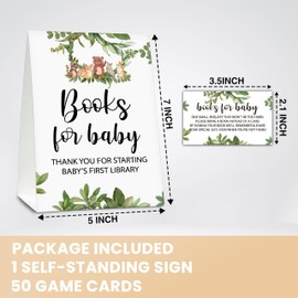 Woodland Baby Shower Party Self-Standing Book Request Sign & 50 Book Request Cards, Wild Animal Themed Book Request Card, Safari Jungle Baby Shower Decor, Baby Gender Reveal Party Game - book-B01