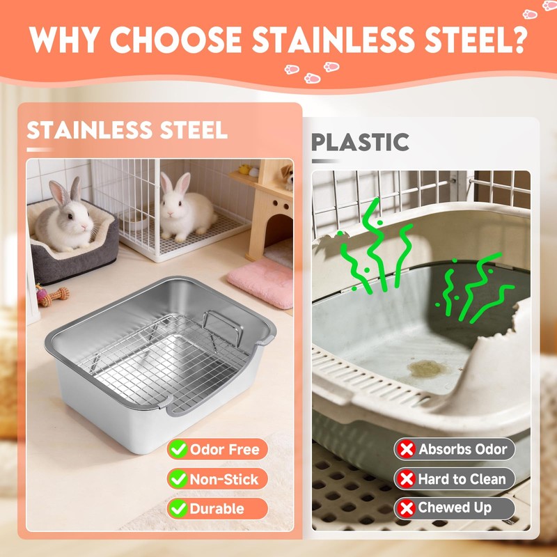 Essenhome Large Stainless Steel Rabbit Litter Box with Handle -