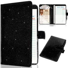 Server Book for Waitress,Leather Waiter Book Organizer with Zipper Pocket, Bling Waitress Money Wallet and Pen Holder, Restaurant Waitstaff Organizer, Glitter Black