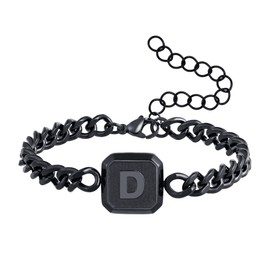 Initial Bracelet Black Squre A-Z Letter Cuban Link Chain Mens Bracelets Adjustable Size Stainless Steel Men Jewelry Gifts for Husband Dad Brother Son(Black D)