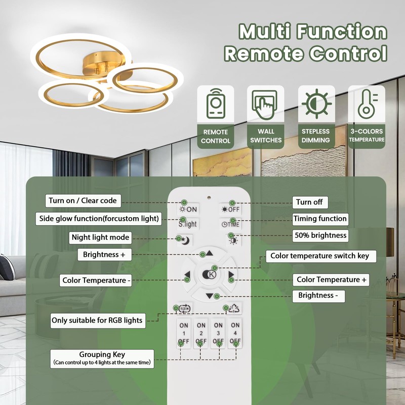 Vloitgol Modern LED Ceiling Light, 4 Rings LED Dimmable Flush