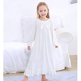 CHUNG Toddler Little Big Girls Long Sleeve Modal Nightgowns Soft Princess Round Square Neck Long Sleep Dress Vintage (8-9Y, Cream-140)