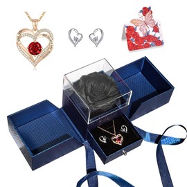 HipTree Preserved Black Real Rose with Necklace&Earrings-Eternal Forever Flowers Rose,Birthday Anniversary Gifts for Women Mom Wife Grandma Daughter Mothers Day Christmas Valentines Decor for Her