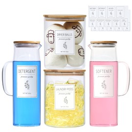 Glass Laundry Detergent Dispenser Set - 2x50oz & 2x70oz Borosilicate Containers with Bamboo Lids, Handle& Labels, Stores Powder,laundry pods,Fabric Softener, for Laundry Room organization and Decor