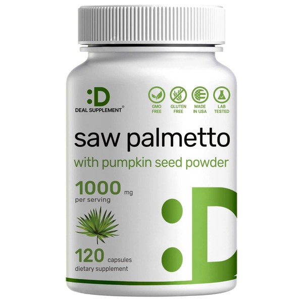 Saw Palmetto Supplement 1000mg with Pumpkin Seed, 3-1 Formula,120 Capsules | Promotes Prostate Health | DHT Blocker | Hair Growth Vitamins, Maintain Normal Urinary Frequency