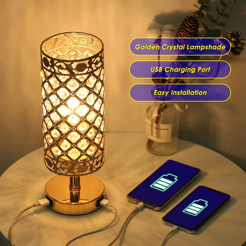 Tomshine Crystal Bedside Table Lamp Decorative Desk Light with Dual