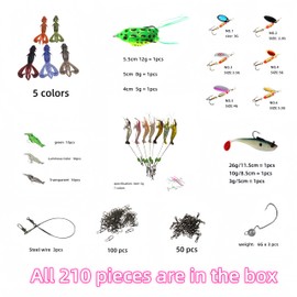 DAYUYUE 210 Pieces Soft Bait Fishing Lure Set with Bionic Soft Shrimp Soft Plastic Bait Bionic Soft Shrimp Bionic Frog Soft Fish Hook Bionic Fish Wire for Freshwater and Saltwater Fishing