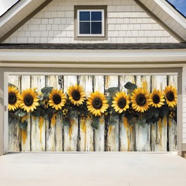 ANNA QUEEN Sunflower Garland Garage Door Banner 6 x 13FT, Rustic Sunflowers with Wooden Fence, Outdoor Spring and Summer Decoration for Garden Parties Home Decor