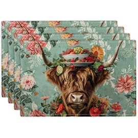 Highland Cow Placemats Set of 4 Farmhouse Flower Cattle Fruits Placemats Funny Animal Table Mats Wildlife Farmhouse Cow Place Mats for Party Kitchen Dining Decoration 4 PCS