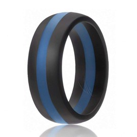 ROQ Silicone Rubber Wedding Ring for Men, Comfort Fit, Men's Wedding Band, Breathable Rubber Engagement Band, 8mm Wide 2mm Thick, Dome Style Middle Line, Solid Stripes, Single, Black & Blue, Size 13