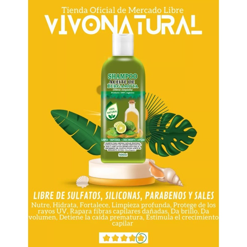 VIVONATURAL 5 Shampoo Aceite Bergamota+3aceites, Sin Sal, Sin Sulfatos.