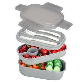 VINATO Bento Box 1900 ml Adult Lunch Box with Cutlery for Office, School and On the Go as a Lunch Box with Compartments in 3 Levels, BPA-Free, Grey
