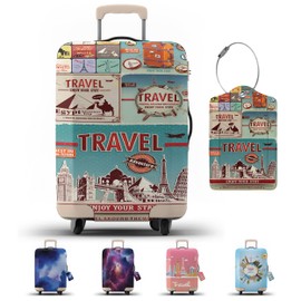 JJ PRIME - Suitcase Cover with Luggage Tag | Luggage Protector | Suitcase Protector Cover with Zipper - Luggage Cover Protection (Travel Theme, L)