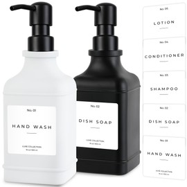 Emerson Essentials Soap Dispenser, Dish Soap Bottle Dispenser, Farmhouse Hand Soap Dispenser, Kitchen Soap Dispenser Set - Glass Soap Dispenser with Pump and Labels, 16 Oz, 2 Pack