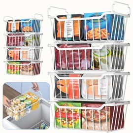 Goovilla Freezer Organizer Bins with Foldable Handle, 8 Pack Stackable Freezer Baskets for 3.5-7 Cu.FT Deep Chest Freezer Organization, White Metal Freezer Storage Bins with Better Space Utilization