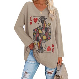 Fazortev Womens Oversized Long Sleeve Queen Of Hearts Graphic T Shirts V Neck Casual Loose Fit Tees Tunic Tops Khaki