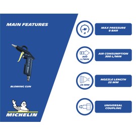 Michelin Compressed Air Blow Gun with 25 mm Short Tube, Air Consumption 300 l/min, Max. Pressure 8 Bar, Aluminium