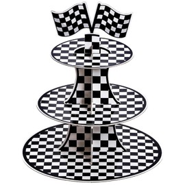 3-Tier Round Cardboard Cupcake Stand, Racing Car Theme Cardboard Cupcake Holder Dessert Display Stand Tower, Black and White Checkered Car Party Decorations Supplies