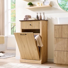 IFBUY Modern Tilt-Out Laundry Hamper Cabinet, 10 Gallon Fluted Trash Can with Drawer, Wooden Hidden Garbage Can with Laundry Basket, Free Standing for Bathroom and Kitchen, Natural Oak