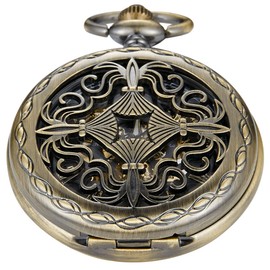 Whodoit Retro Bronze Chinese Knot Hollow Mechanical Pocket Watch,Hollow Pattern Mechanical Self-Winding Roman Numeral Skeleton Dial Pocket Watches for Men