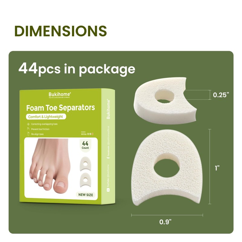 Bukihome 44-Pack Foam Toe Separators Soft & Breathable Toe Spacers