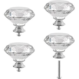 Cabinet Knobs Crystal 4PCS 50mm Clear Glass Diamond Shape Drawer Knobs Diamond Cabinet Dresser Pulls Door Knobs Cupboard Wardrobe Handles for Kitchen Office Cupboard Dresser Drawers (8PCS, Silver)