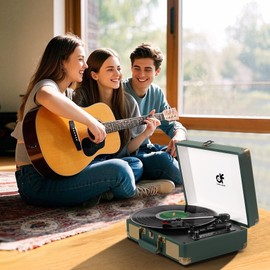 DANFI Audio Dark Green Bluetooth Vinyl Record Player with Dual Upgraded Speakers, USB Recording, Portable 3-Speed Suitcase Turntable, RCA/AUX/Headphone Output