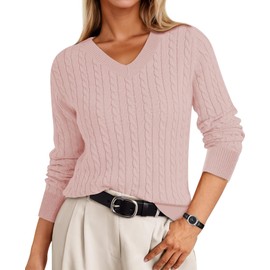 IEEILULU Cable Knit Sweater Women Soft V Neck Tops Long Sleeve Pullover Clothes Casual Trendy Outfits Pink L