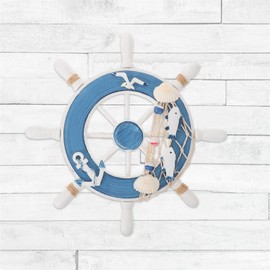 FAVOMOTO Wooden Ship Steering Wheel with Fishing Net Anchor Seagull Nautical Wall Hanging Decoration,Blue, White,23 x 23 x 2 cm; 189 Grams