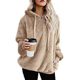 onlypuff Pullover Hoodie Sweatshirts Women Khaki Sherpa Hoodies Kangaroo Pocket Top S