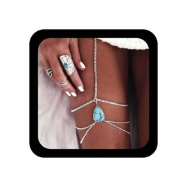Andelaisi Boho Layered Turquoise Oval Leg Chain Vintage Turquoise Thigh Chain Gold Geometric Leg Straps Adjustable Rave Thigh Body Chain Accessories Jewelry for Women