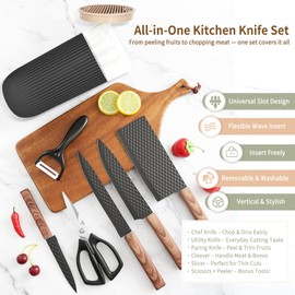 TOPLUCKY Knife Set, 7-Piece Kitchen Knife Set with Sharp Chef and Meat Knives, Anti-Rust Utility Knives Set for Kitchen, Kitchen Knife Block Set – Black