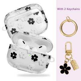AIIEKZ Compatible with AirPods Pro 2 Case Cover 2022, Soft TPU Case with Cute Flower Pattern for AirPods Pro 2nd/1st Generation Case with Flower Keychain and Carabiner for Girls Women (Black)