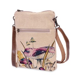 COTT N CURLS Mushrooms Small Crossbody Purse - 9" x 7.5" Cotton Canvas Crossbody Bag and Phone Wallet with Leather Straps, Handcrafted Small Purses for Women, Durable Cross Body Bag