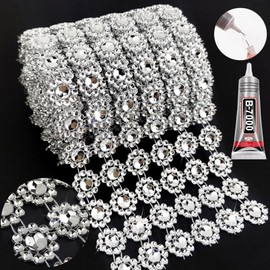 Yhsheen Flower Rhinestone Ribbon, 4In X 3Yards 6Rows Rhinestone Mesh Fabric, Bling Rhinestone Ribbon Roll for Crafts, Mum Ribbon Rhinestone Wrap Trim, Silver