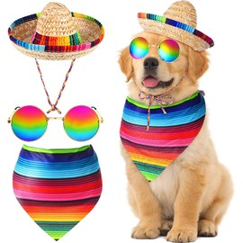 3 Pcs Mexican Sombrero Hat Pet Serape Poncho Costume Include Multicolor Cinco De Mayo Dog Bandana Fiesta Triangle Bib Dog Sombrero Hat Round Sunglasses Costume for Dog Gifts Cinco De Mayo Party Decor