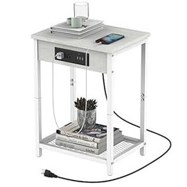 Nightstand with Charging Station, Small Bedside Table with USB Port and Power Outlets, Industrial Brown Side Table for Bedroom, Living Room, Farmhouse - Color: White