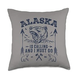 Alaska Retro Bear Souvenirs Vintage Alaskan Bear Alaska is Calling and I Must Go Throw Pillow, 18x18, Multicolor
