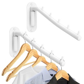 Sumnacon 2 PCS Stainless Steel Clothes Hanger Rack - Wall Mount Clothing Rack with Swing Arm, Sturdy Clothes Hanger Racks for Laundry Room Bedrooms Clothing Drying Hanger with 5 Hooks, White