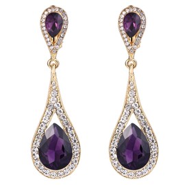 EVER FAITH Women's Austrian Crystal Dual Tear Drop Clip-on Dangle Earrings Purple Gold-Tone