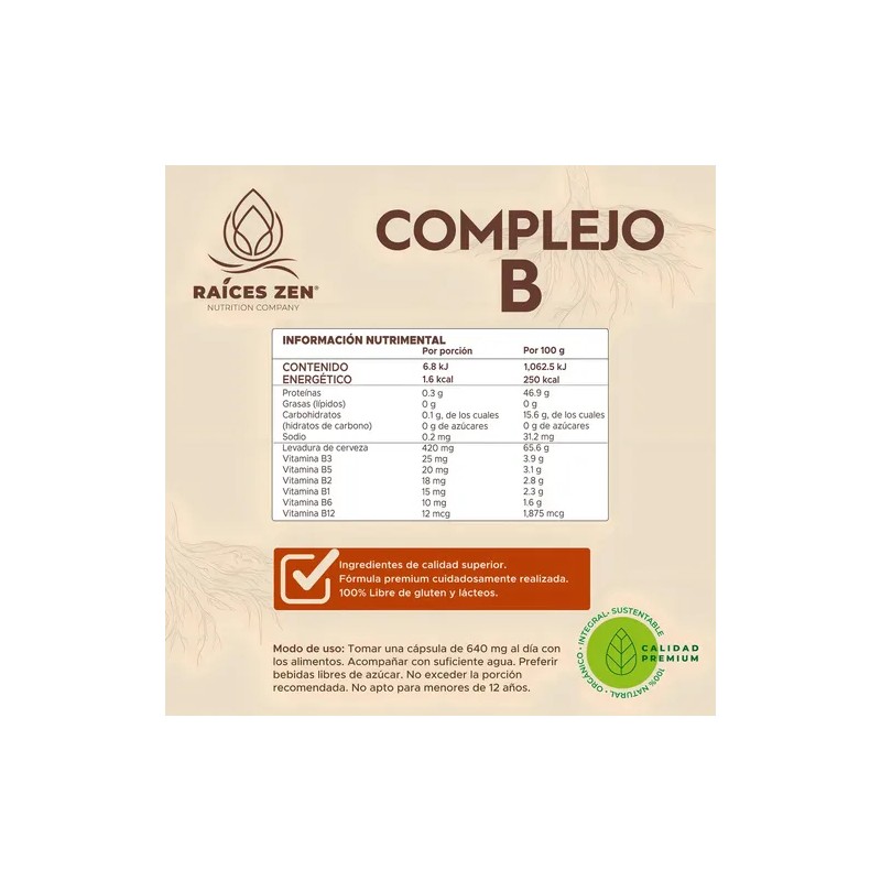 Complejo B Raíces Zen 640mg 120 Cápsulas Sin Sabor Suplemento