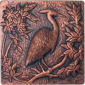 GME COPPER 4" x 4" x 3/8" DECORATIVE WALL TILE (9 DESIGNS) - Heron (082)