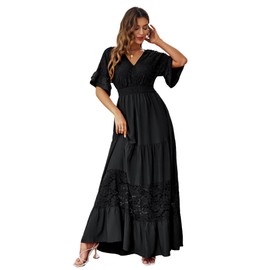 Simplee Women V Neck Formal Lace Maxi Dress Ruffle Flowy Short Sleeve Boho Wedding Guest Party Summer Long Dress