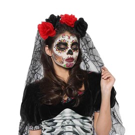 Bufenia - Diadema de velo negro para Halloween, diseño de calavera muerta, diadema con corona floral, accesorios para el cabello de novia (B)