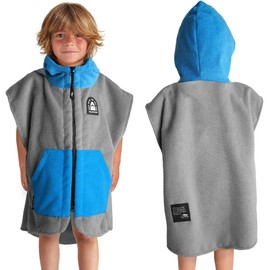 Pilotfish Surf Poncho Changing Robe Towel - Hooded, Zippered Towel Poncho for Beach, Surfing, Swimming | 2 Front Pockets, Machine Washable, (Gray/Blue, Medium)
