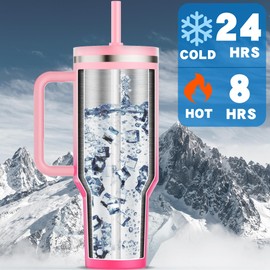 Greatyos 40 oz Tumbler with Handle and Flip Straw Lid - Upgraded Insulated Traveler Tumblers with Lids Straws Vacuum Leak Proof Stainless Steel 40oz Cup Mug Gifts for Men Women Him Her (Pink Sakura)